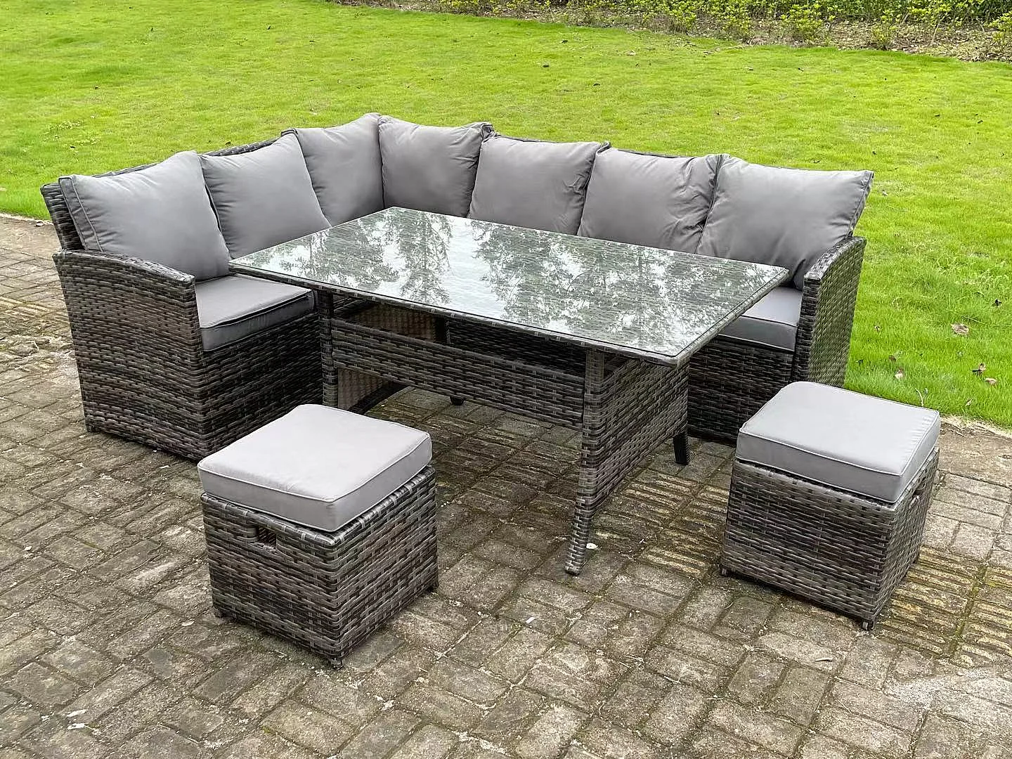 High Back Dark Mixed Grey Rattan Corner Sofa Set Outdoor Furniture Rectangular Dining Table 2 Small Footstools 8 Seater