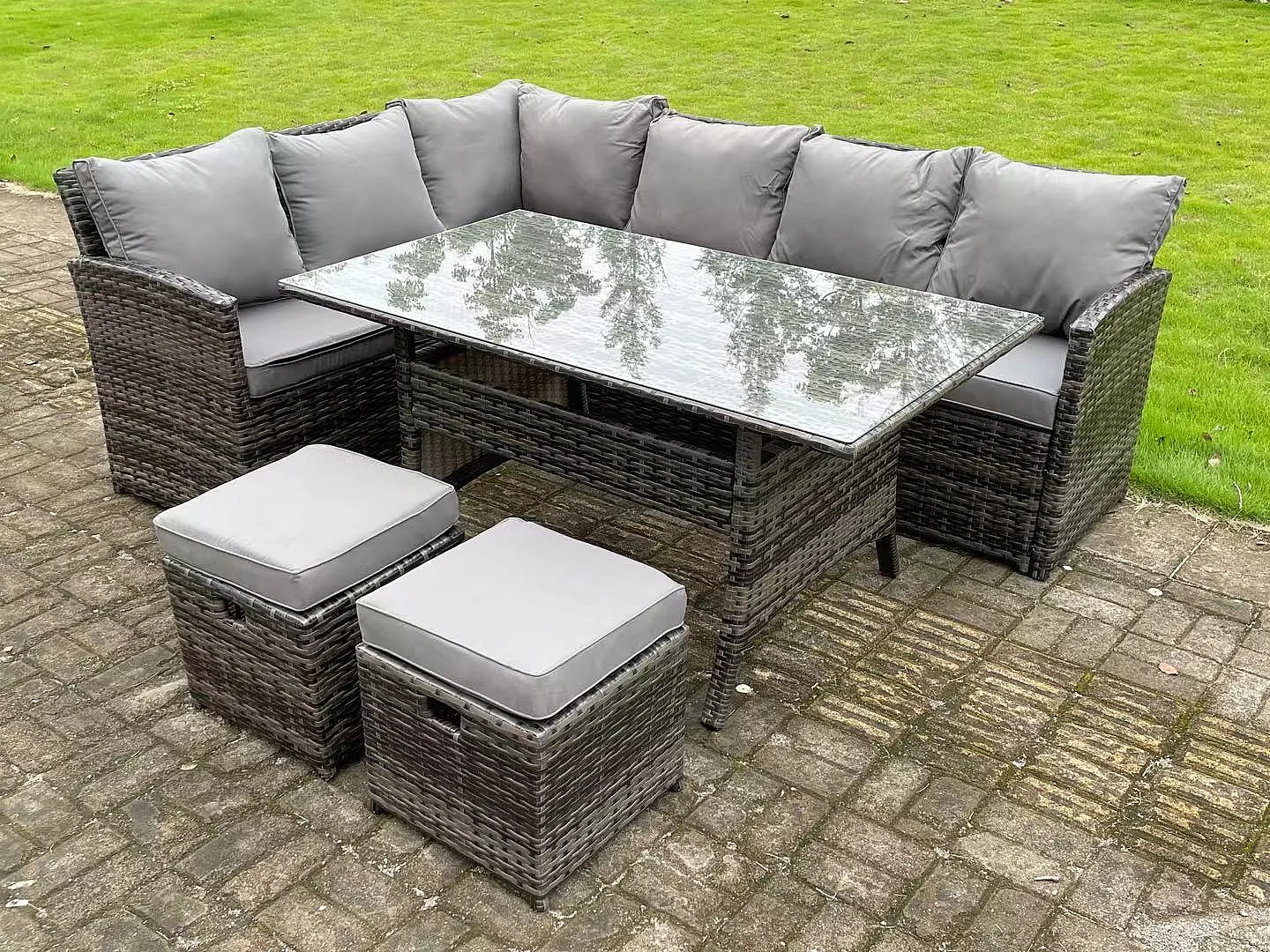 High Back Dark Mixed Grey Rattan Corner Sofa Set Outdoor Furniture Rectangular Dining Table 2 Small Footstools 8 Seater
