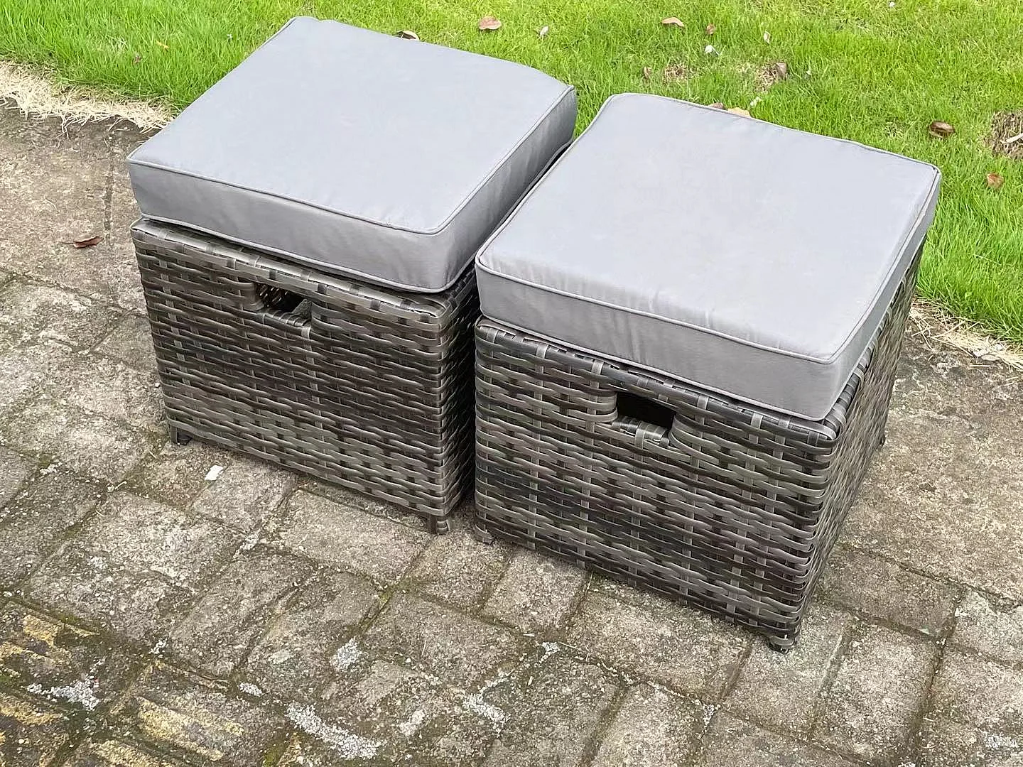 High Back Dark Mixed Grey Rattan Corner Sofa Set Outdoor Furniture Rectangular Dining Table 2 Small Footstools 8 Seater