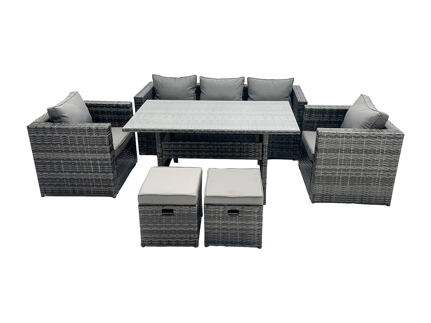 Fimous 7 Seater PE Wicker Rattan Garden Furniture Set Lounge Sofa Chair and Rectangular Dining Table Set 2 Small Footstools Dark Grey Mixed