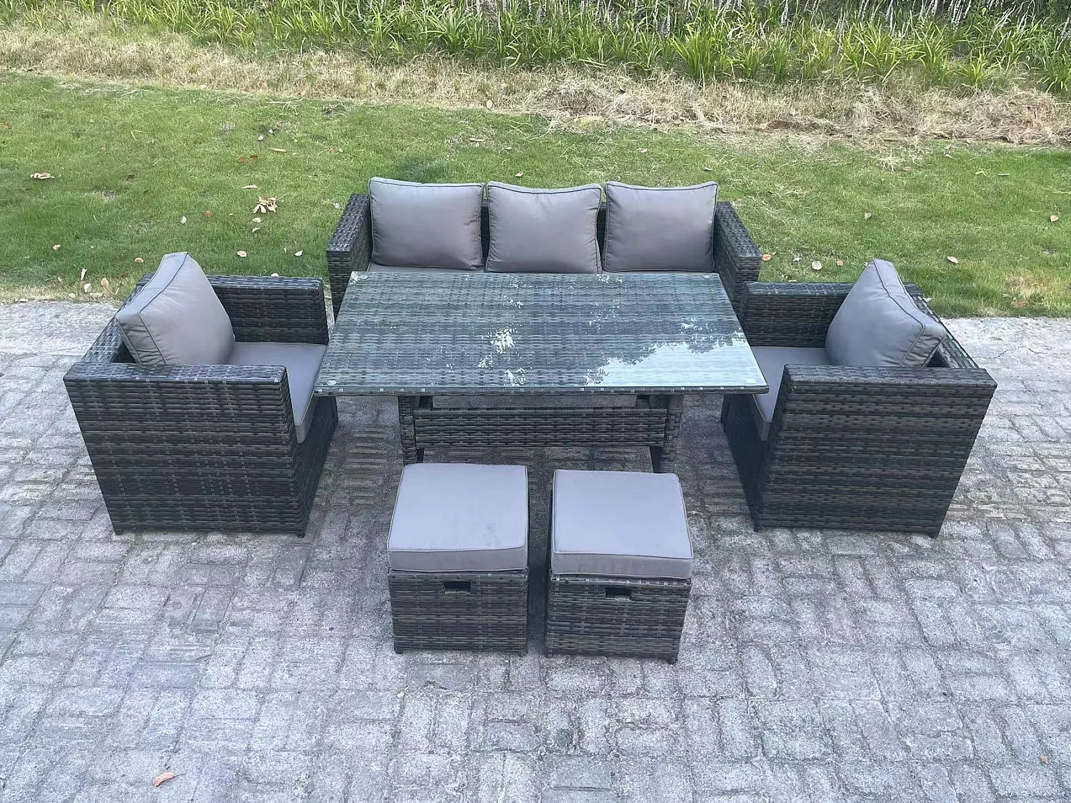 Fimous 7 Seater PE Wicker Rattan Garden Furniture Set Lounge Sofa Chair and Rectangular Dining Table Set 2 Small Footstools Dark Grey Mixed