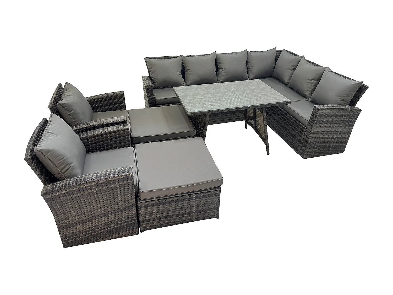 Fimous High Back Outdoor Garden Furniture Set Rattan Corner Sofa Dining Table Set With 2 Armchairs 2 Big Footstool 10 Seater Dark Grey Mixed