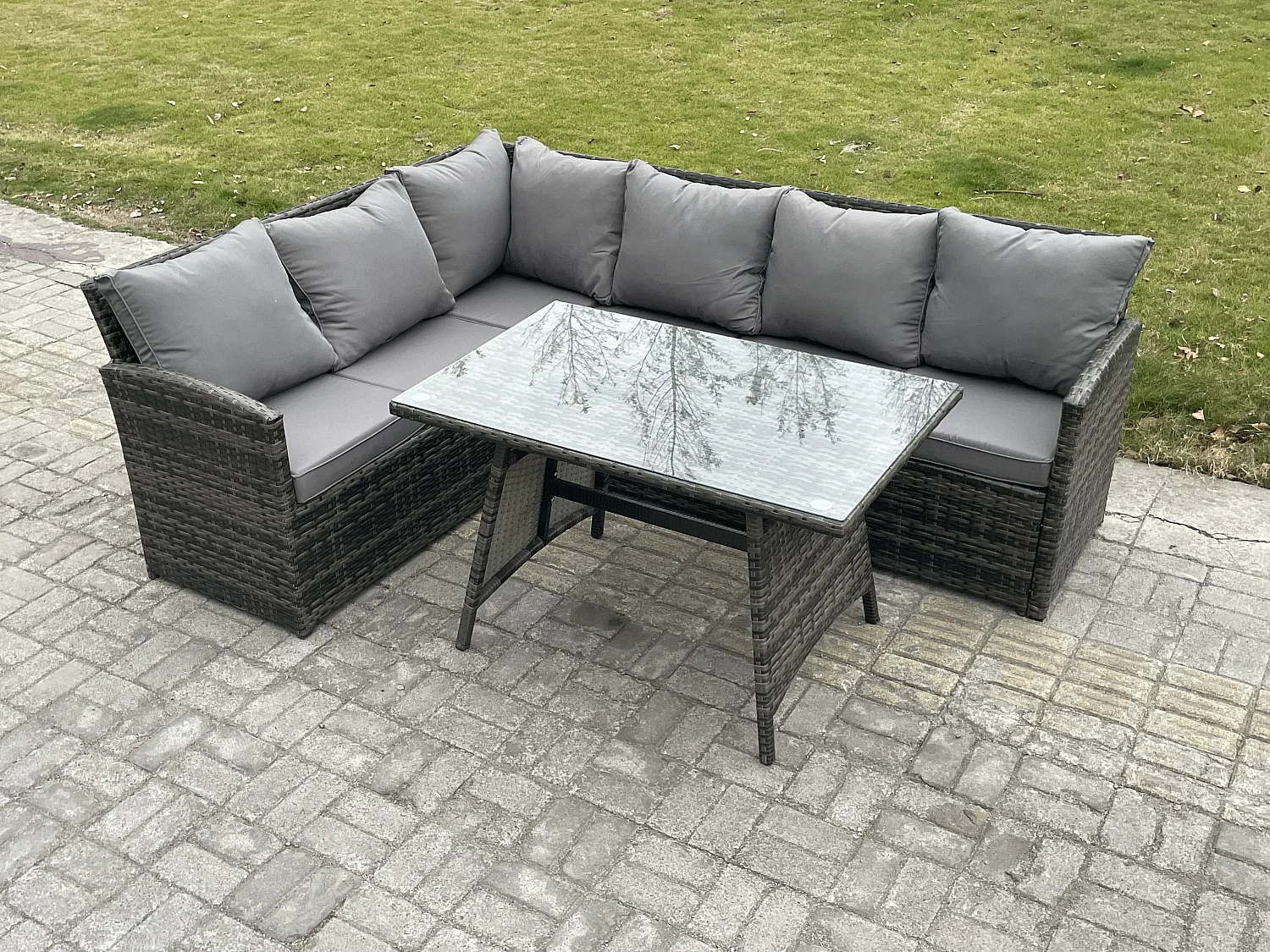 Outdoor Gartenmöbel-Set Ecksofa Set mit Länglicher Esstisch 6 Sitzer Dunkelgrau gemischt