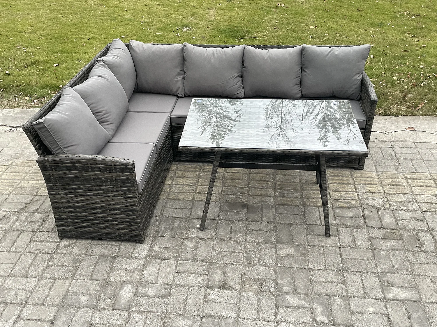 Outdoor Gartenmöbel-Set Ecksofa Set mit Länglicher Esstisch 6 Sitzer Dunkelgrau gemischt