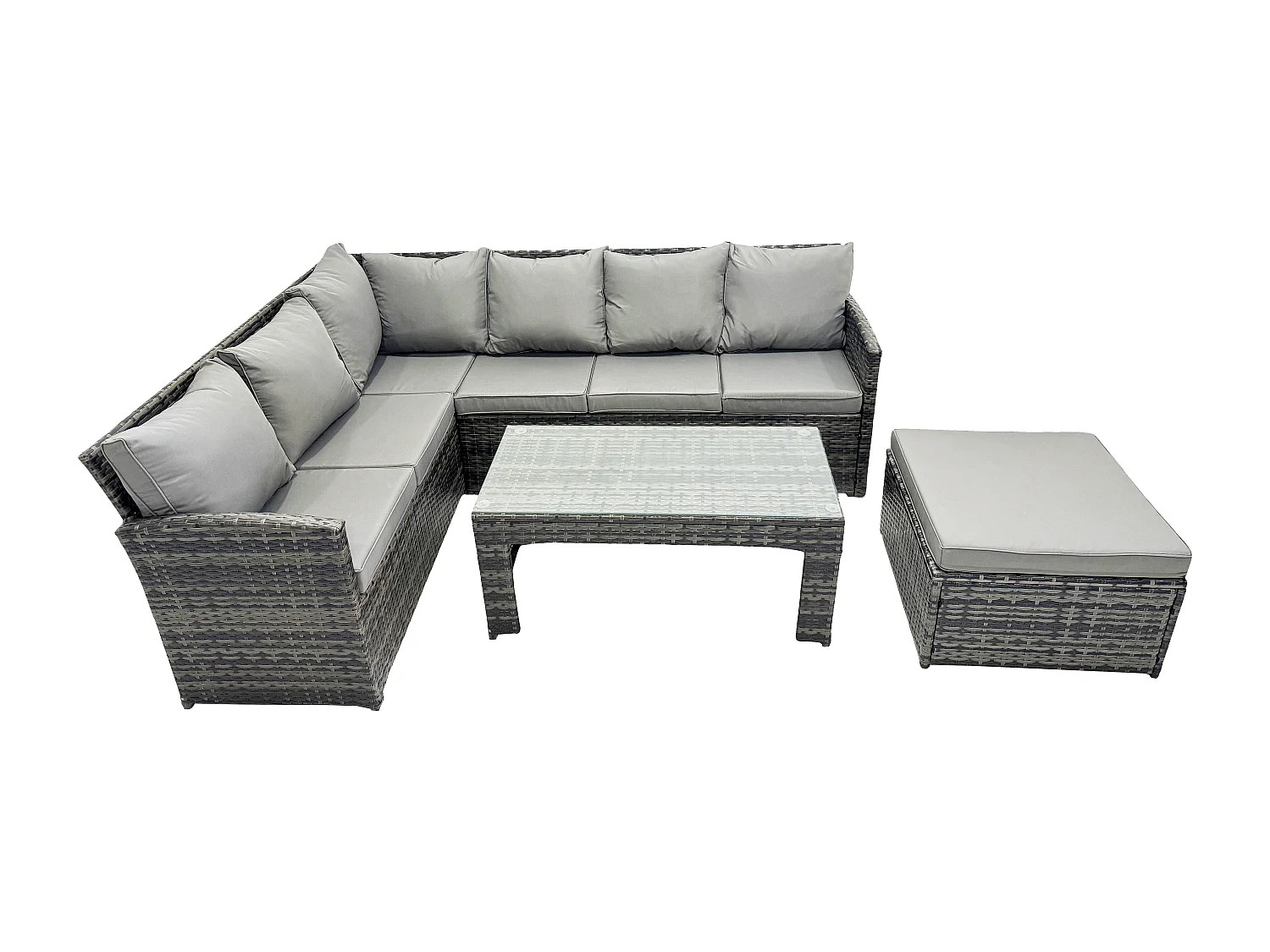 7 Sitzer Outdoor Rattan Gartenmöbel-Set Ecksofa Länger Couchtisch Sets mit Terrassen Großer Fußhocker Dunkelgrau gemischt