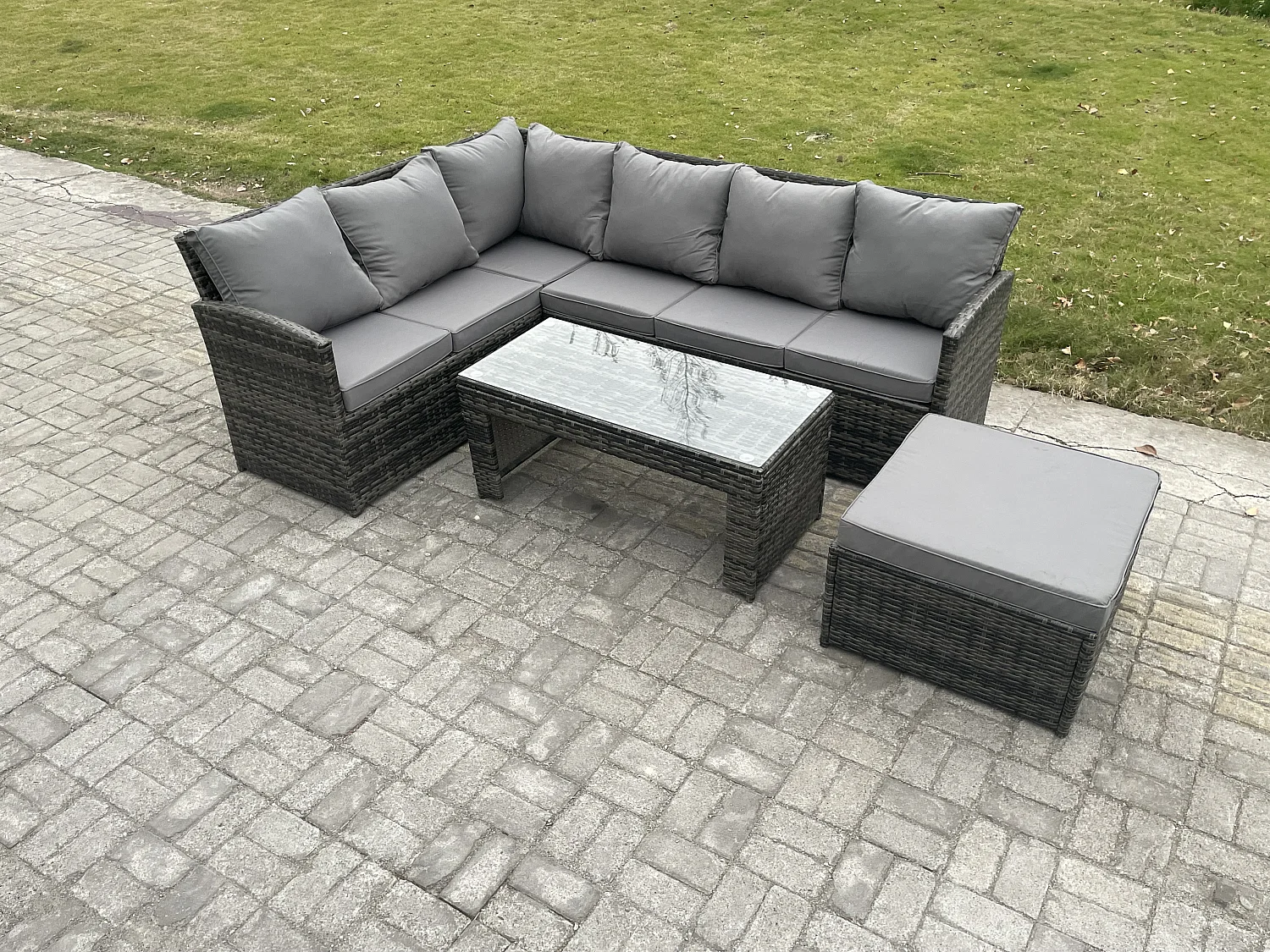 7 Sitzer Outdoor Rattan Gartenmöbel-Set Ecksofa Länger Couchtisch Sets mit Terrassen Großer Fußhocker Dunkelgrau gemischt