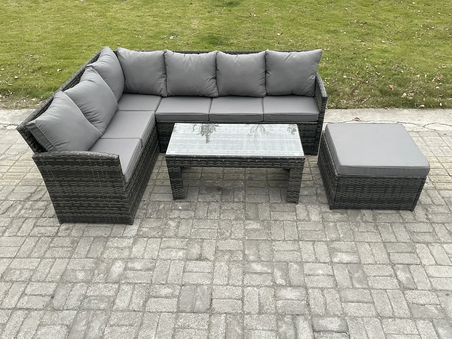 7 Sitzer Outdoor Rattan Gartenmöbel-Set Ecksofa Länger Couchtisch Sets mit Terrassen Großer Fußhocker Dunkelgrau gemischt