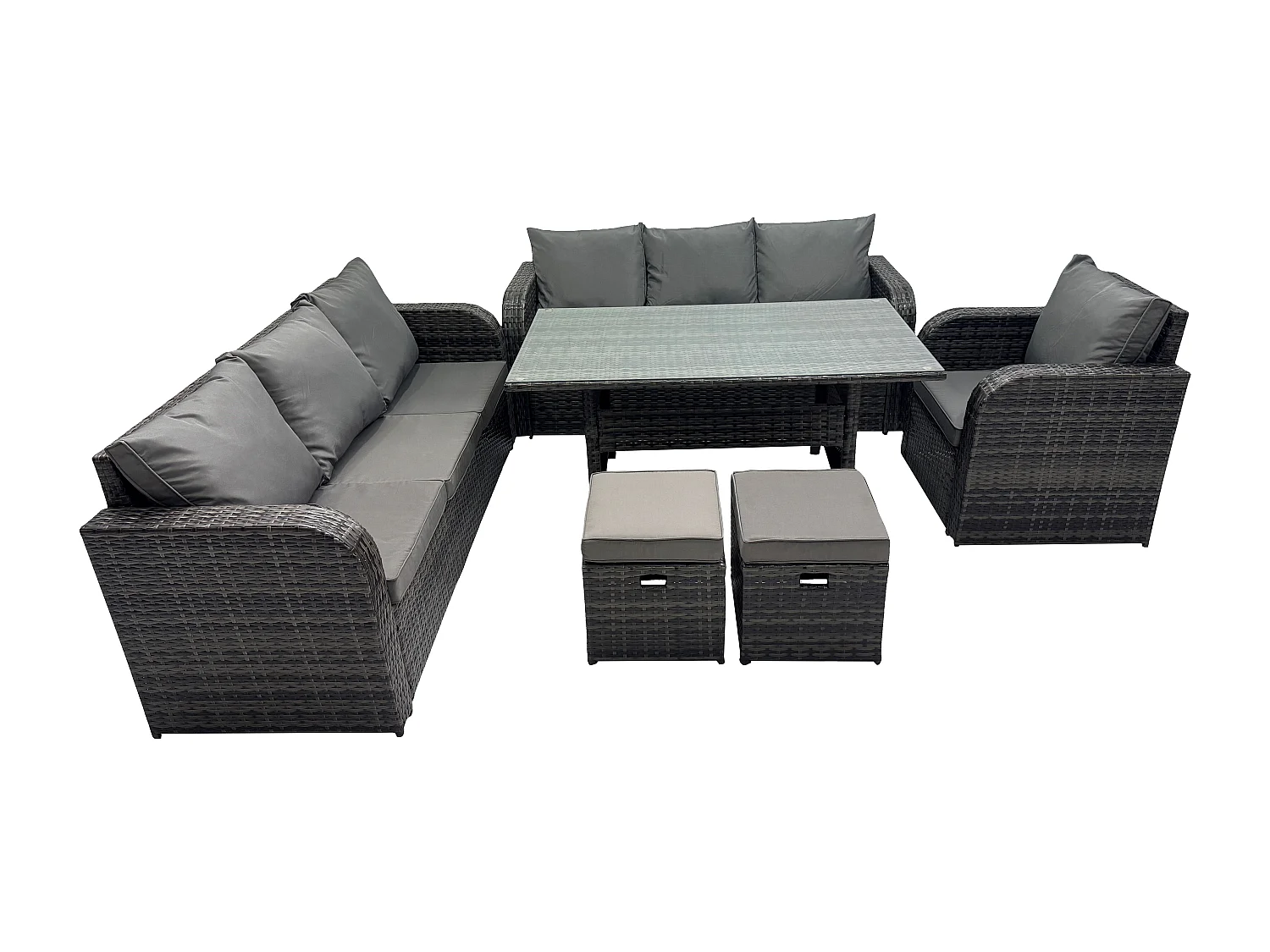 Fimous 9 Seater Lounge Rattan Sofa Set Outdoor Garden Furniture Oblong Rectangular Dining Table With Adjustable Chair 2 Small Footstools Dark Grey Mixed