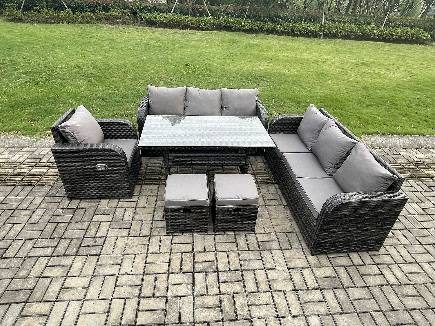 Fimous 9 Seater Lounge Rattan Sofa Set Outdoor Garden Furniture Oblong Rectangular Dining Table With Adjustable Chair 2 Small Footstools Dark Grey Mixed