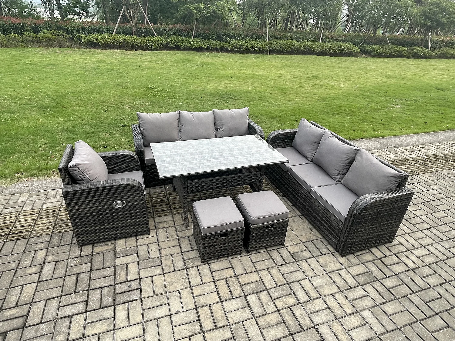 Fimous 9 Seater Lounge Rattan Sofa Set Outdoor Garden Furniture Oblong Rectangular Dining Table With Adjustable Chair 2 Small Footstools Dark Grey Mixed
