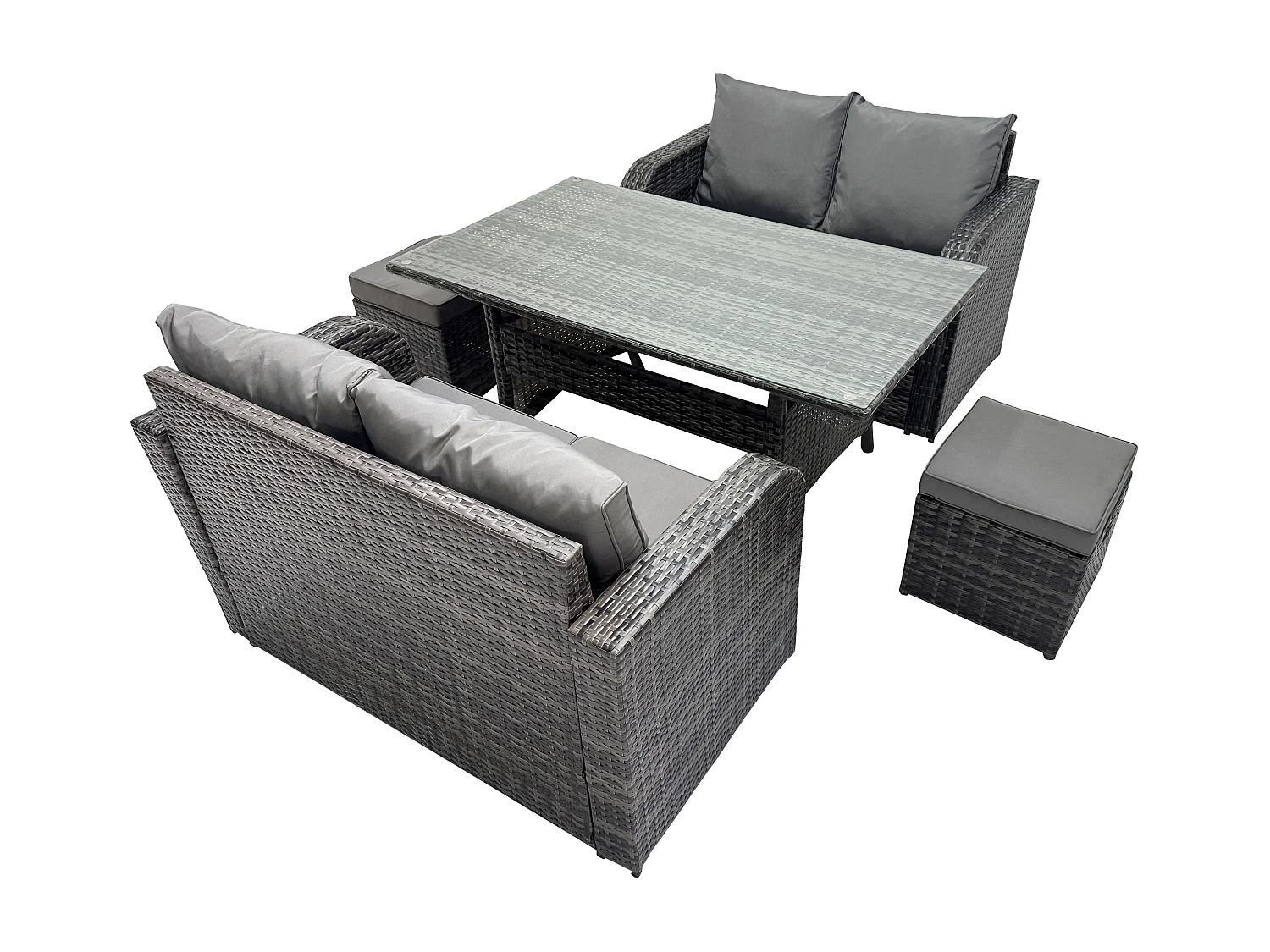 Fimous 6 Seater Dark Grey Mixed PE Wicker Rattan Garden Furniture Set Love Sofa 2 Seater Sofa Set Outdoor Rectangular Dining Table With 2 Stools