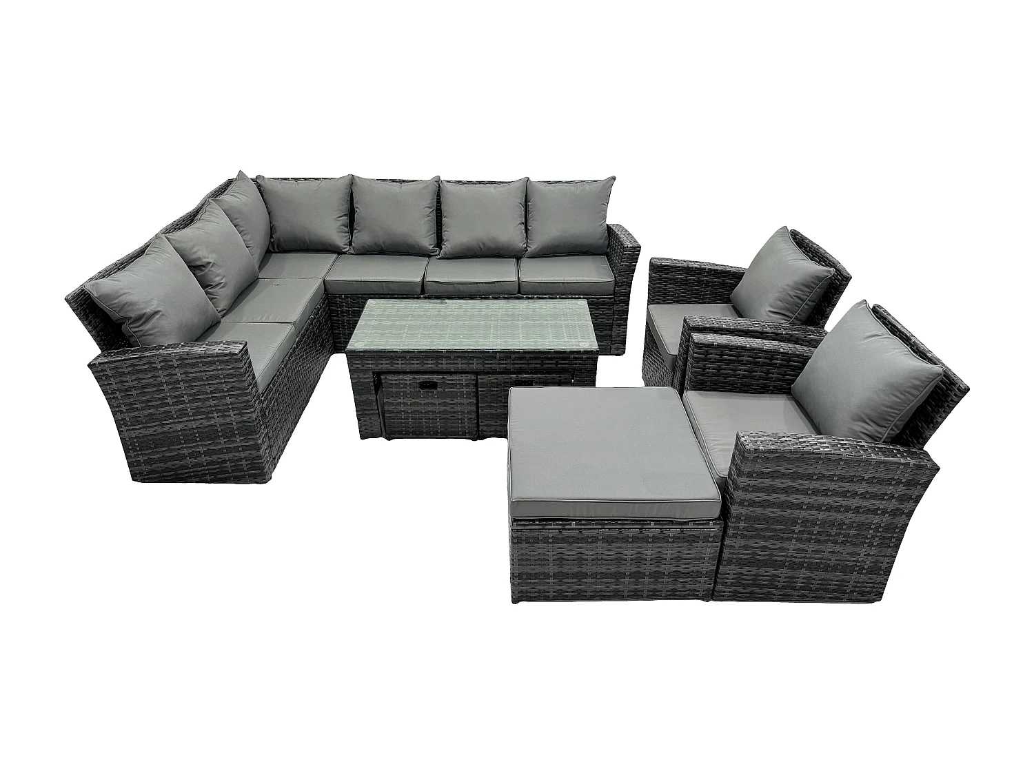 Fimous 11 Seat Rattan Garden Furniture Corner Sofa Set Outdoor Patio Sofa Chair Table Set with 2 Small Footstools Big Footstool Dark Grey Mixed