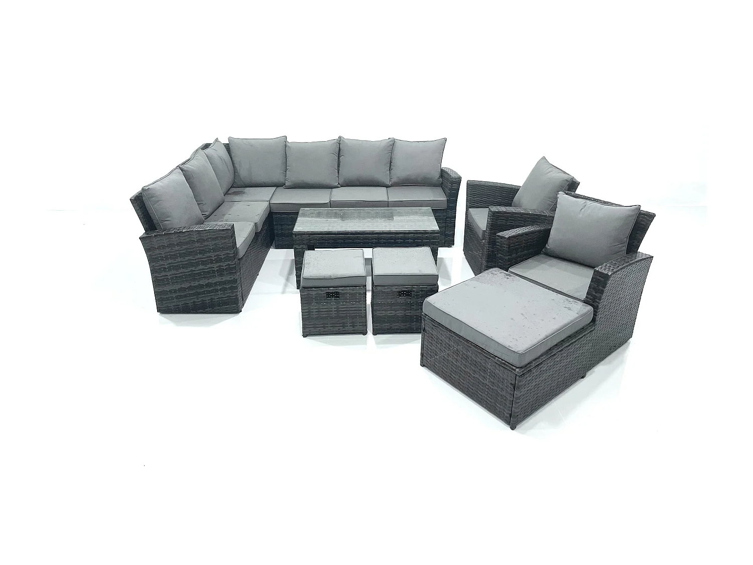 Fimous 11 Seat Rattan Garden Furniture Corner Sofa Set Outdoor Patio Sofa Chair Table Set with 2 Small Footstools Big Footstool Dark Grey Mixed