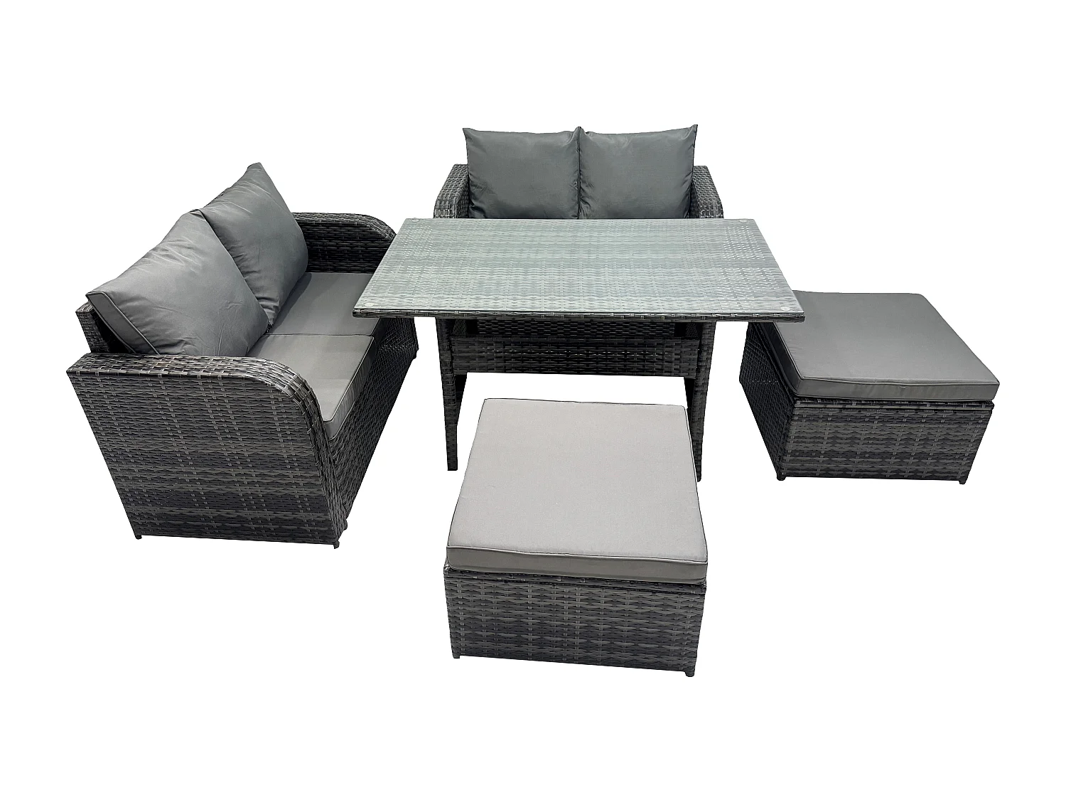 Terrassenmöbel Set Polyrattan Langer rechteckiger Esstisch und Loveseat Sofa set mit 2 Großer Hockern Dunkelgrau gemischt