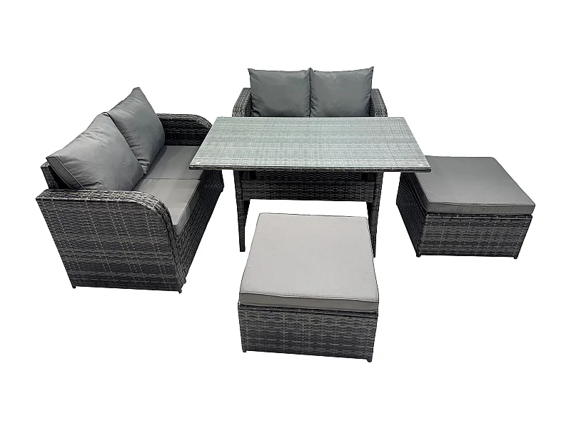 Terrassenmöbel Set Polyrattan Langer rechteckiger Esstisch und Loveseat Sofa set mit 2 Großer Hockern Dunkelgrau gemischt