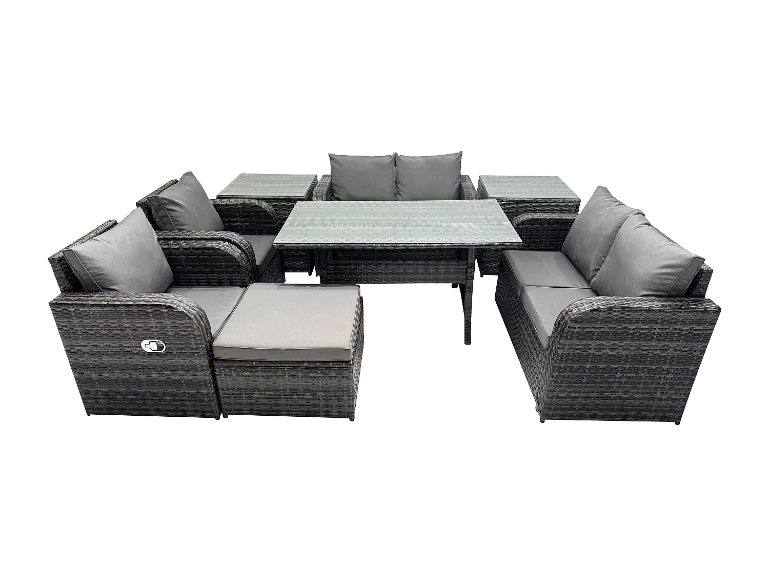 Fimous Rattan Outdoor Furniture Garden Dining Set Rectangular Table and Chair Sofa Set With 2 Side Tables Big Footstool Dark Grey Mixed