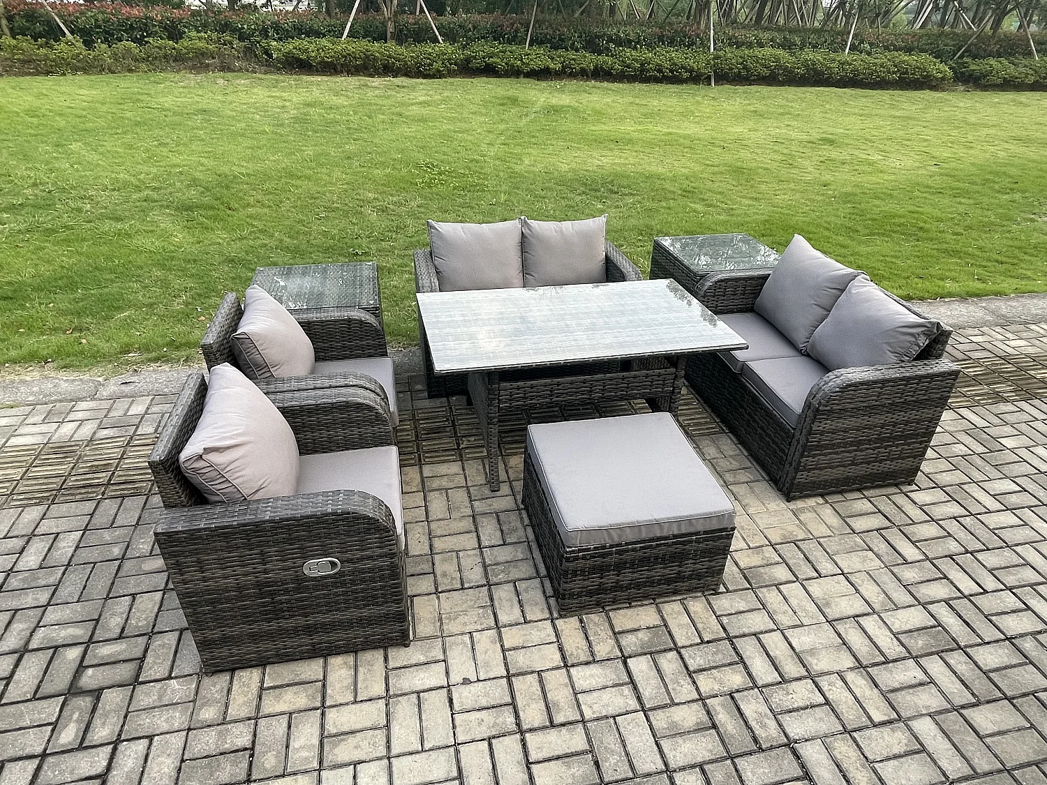 Fimous Rattan Outdoor Furniture Garden Dining Set Rectangular Table and Chair Sofa Set With 2 Side Tables Big Footstool Dark Grey Mixed