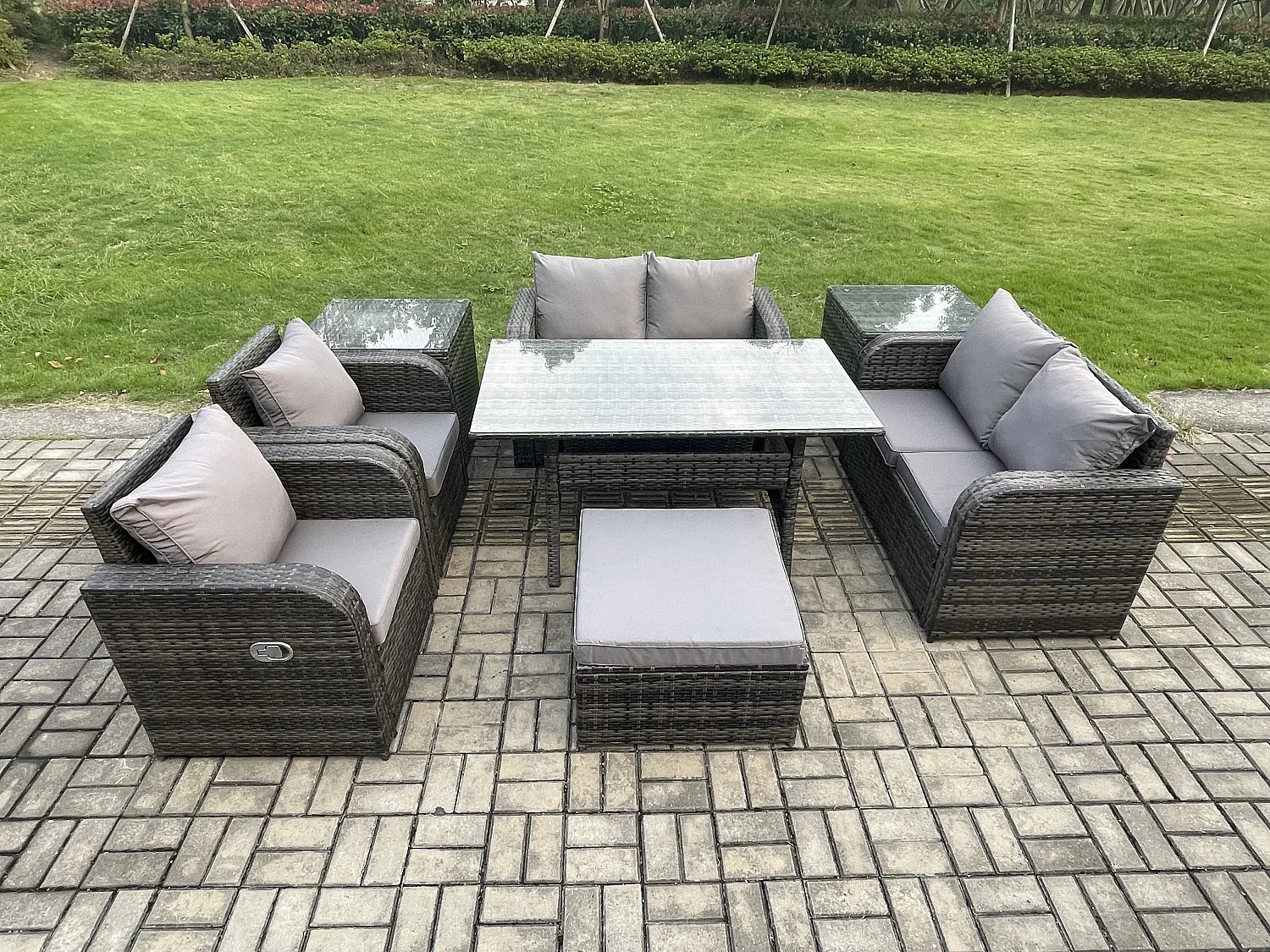 Fimous Rattan Outdoor Furniture Garden Dining Set Rectangular Table and Chair Sofa Set With 2 Side Tables Big Footstool Dark Grey Mixed