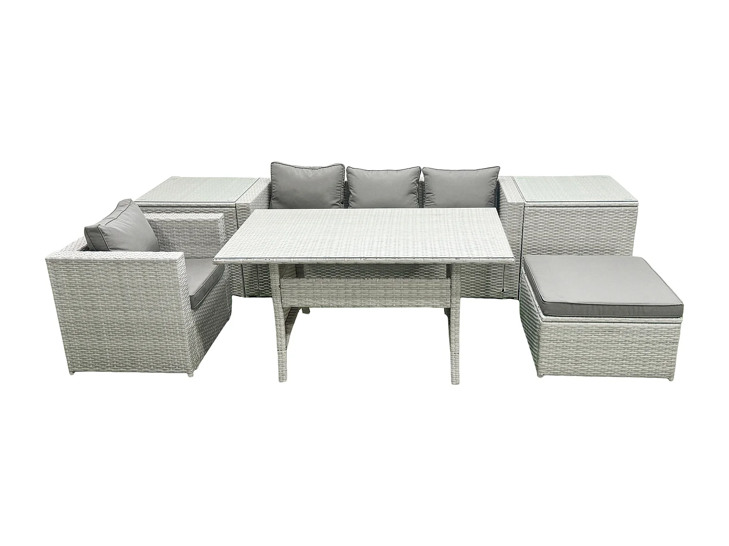 Fimous Rattan Garden Furniture Dining Set 5 Seater Lounge Sofa Chair Dining Table Set with Big Footstool Light Grey Mixed