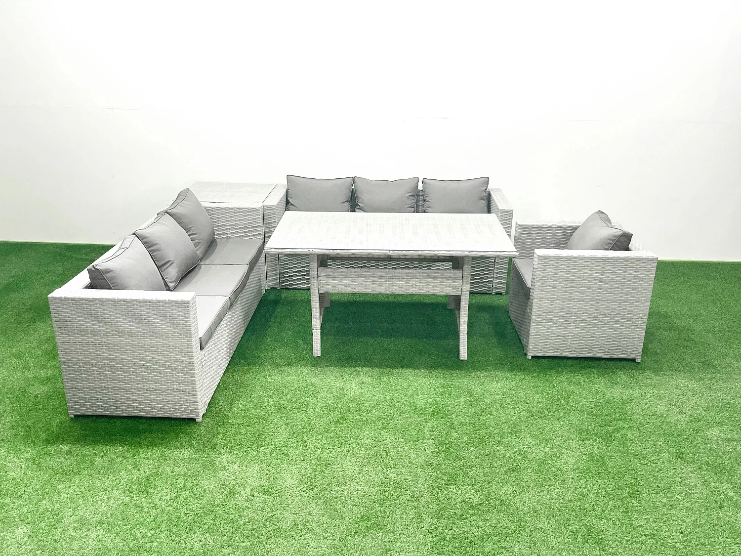 Fimous 5 Pieces Outdoor Rattan Sofa Set with Cushions Patio Garden Furniture Sets with Armchair Dining Table Side Table