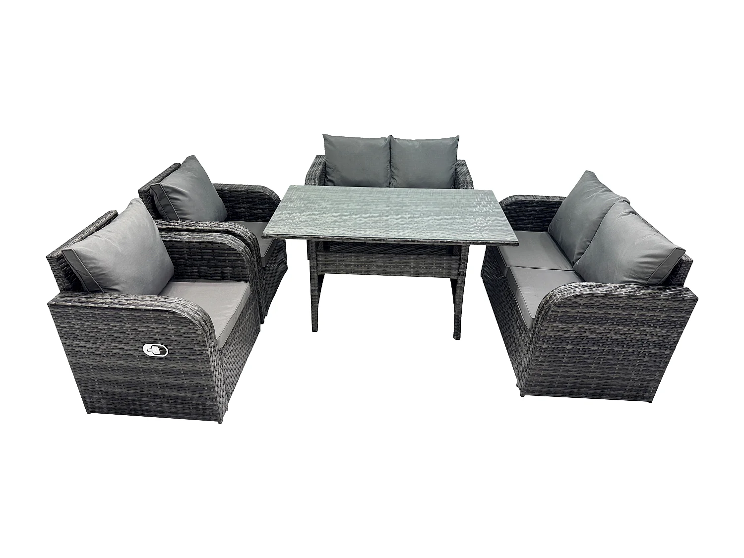 Fimous 6 Seater Lounge Rattan Sofa Set Outdoor Garden Furniture Oblong Rectangular Dining Table With Chairs Love Sofa Dark Grey Mixed