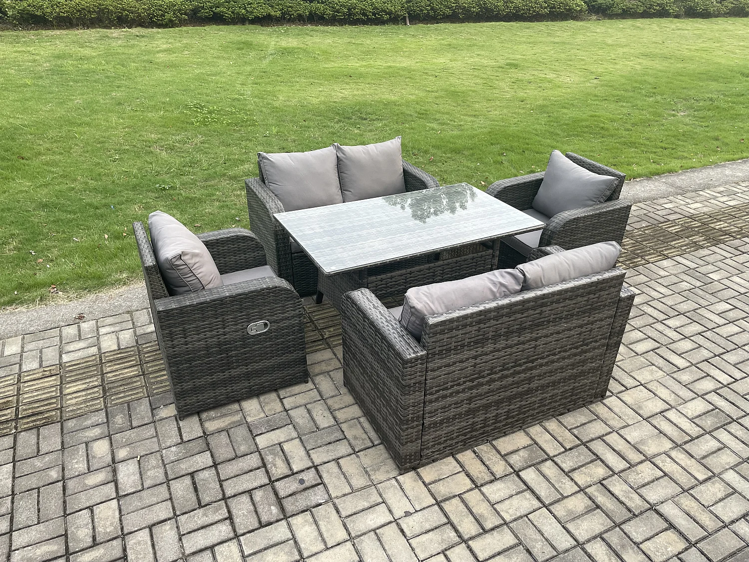 Fimous 6 Seater Lounge Rattan Sofa Set Outdoor Garden Furniture Oblong Rectangular Dining Table With Chairs Love Sofa Dark Grey Mixed