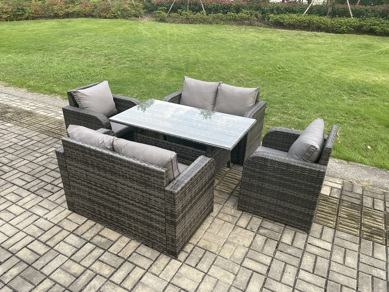 Fimous 6 Seater Lounge Rattan Sofa Set Outdoor Garden Furniture Oblong Rectangular Dining Table With Chairs Love Sofa Dark Grey Mixed