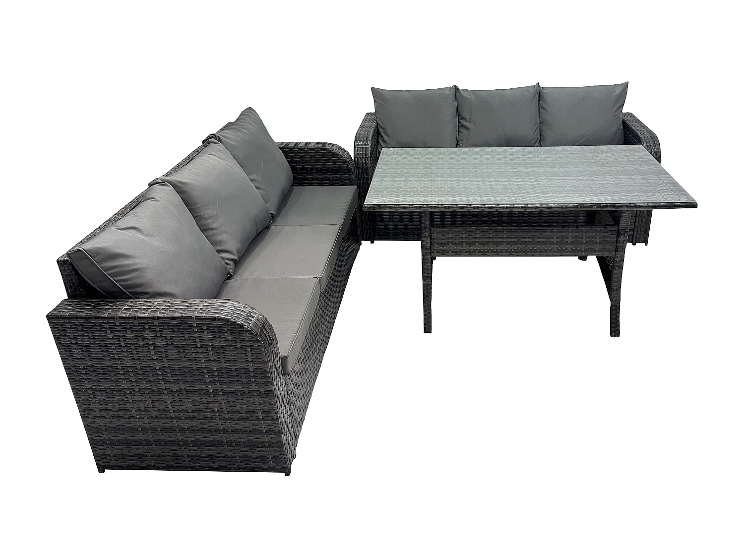 Rattan Gartenmöbel-Set mit Langer rechteckiger Esstisch 6 Sitzer Outdoor 3 Sitzer Sofa Set Dunkelgrau gemischt