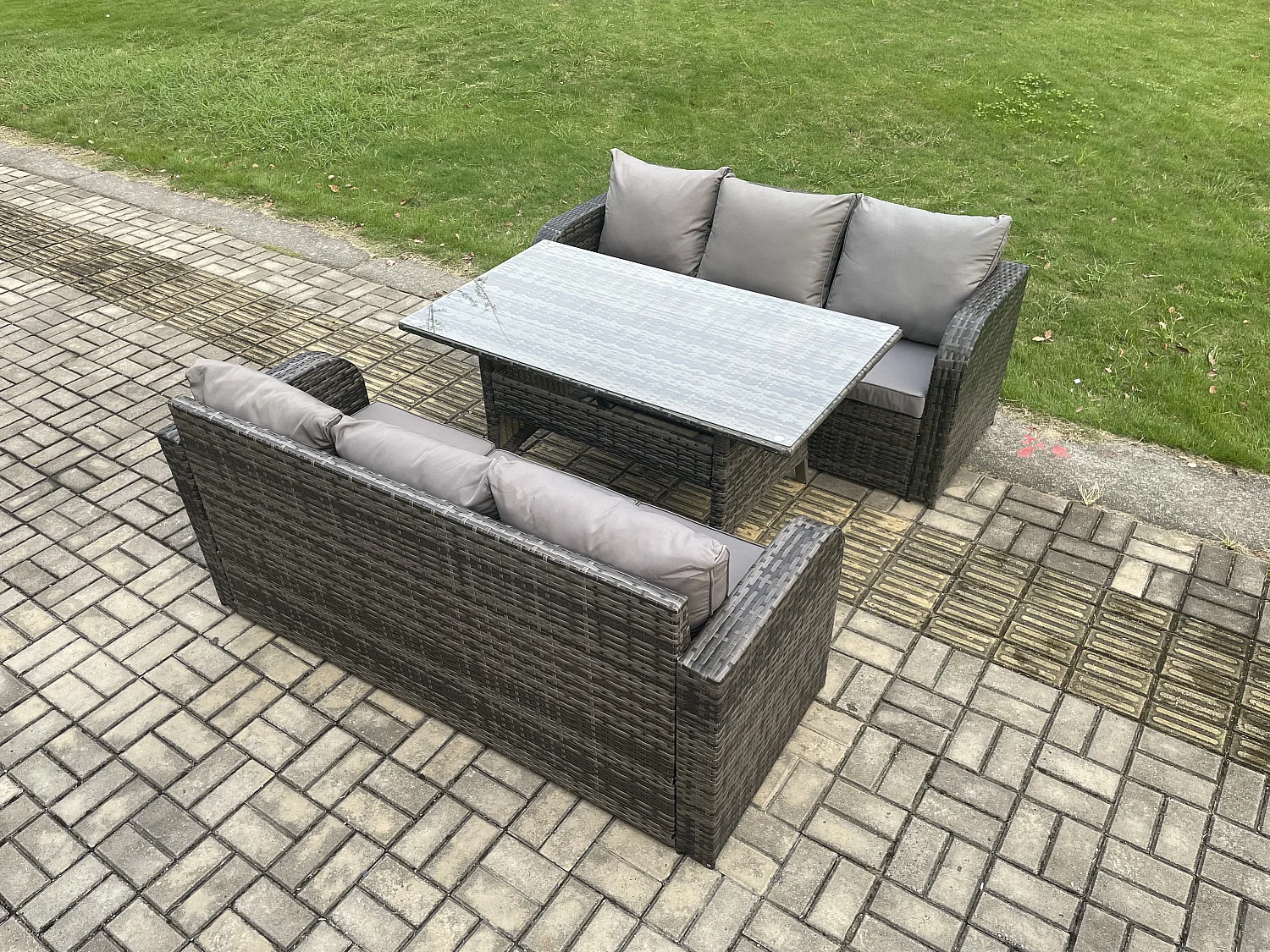 Rattan Gartenmöbel-Set mit Langer rechteckiger Esstisch 6 Sitzer Outdoor 3 Sitzer Sofa Set Dunkelgrau gemischt