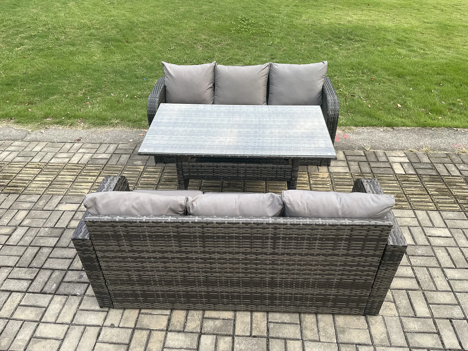 Rattan Gartenmöbel-Set mit Langer rechteckiger Esstisch 6 Sitzer Outdoor 3 Sitzer Sofa Set Dunkelgrau gemischt