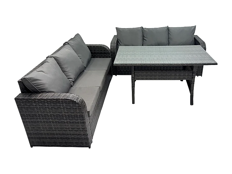 Rattan Gartenmöbel-Set mit Langer rechteckiger Esstisch 6 Sitzer Outdoor 3 Sitzer Sofa Set Dunkelgrau gemischt
