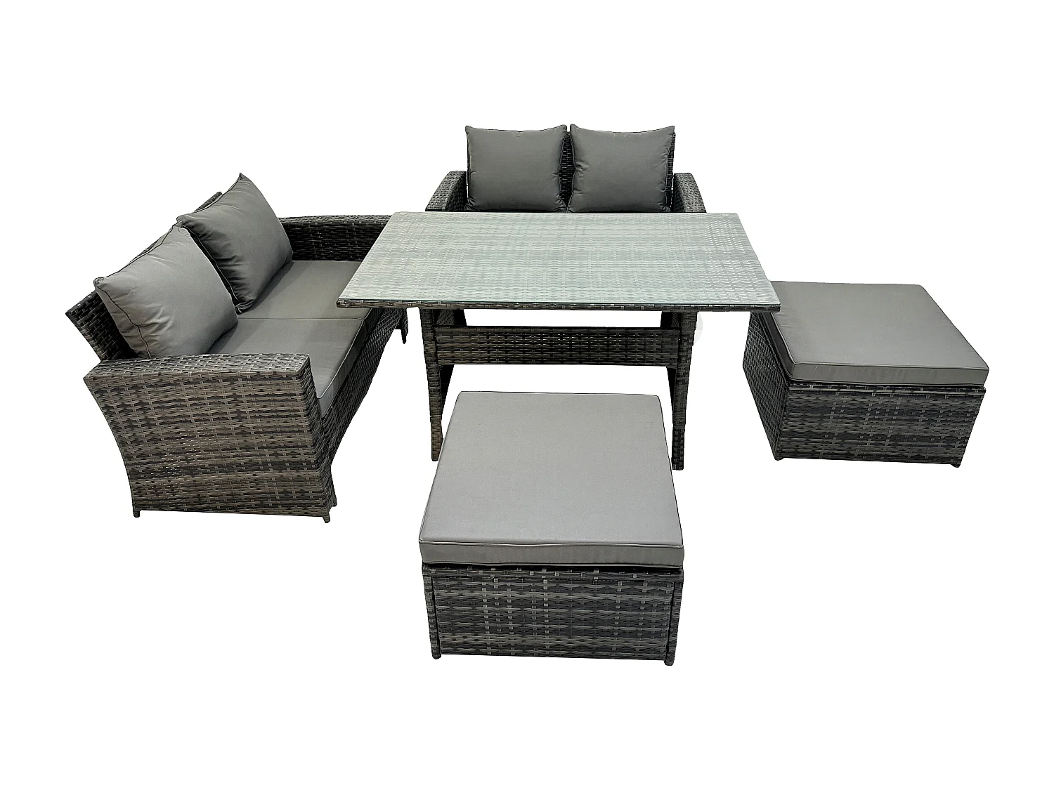 6 Sitzer Polyrattan Gartenmöbel-Set Liebe Sofa Outdoor Rechteckiger Esstisch 2 Großer Hockern Dunkelgrau gemischt