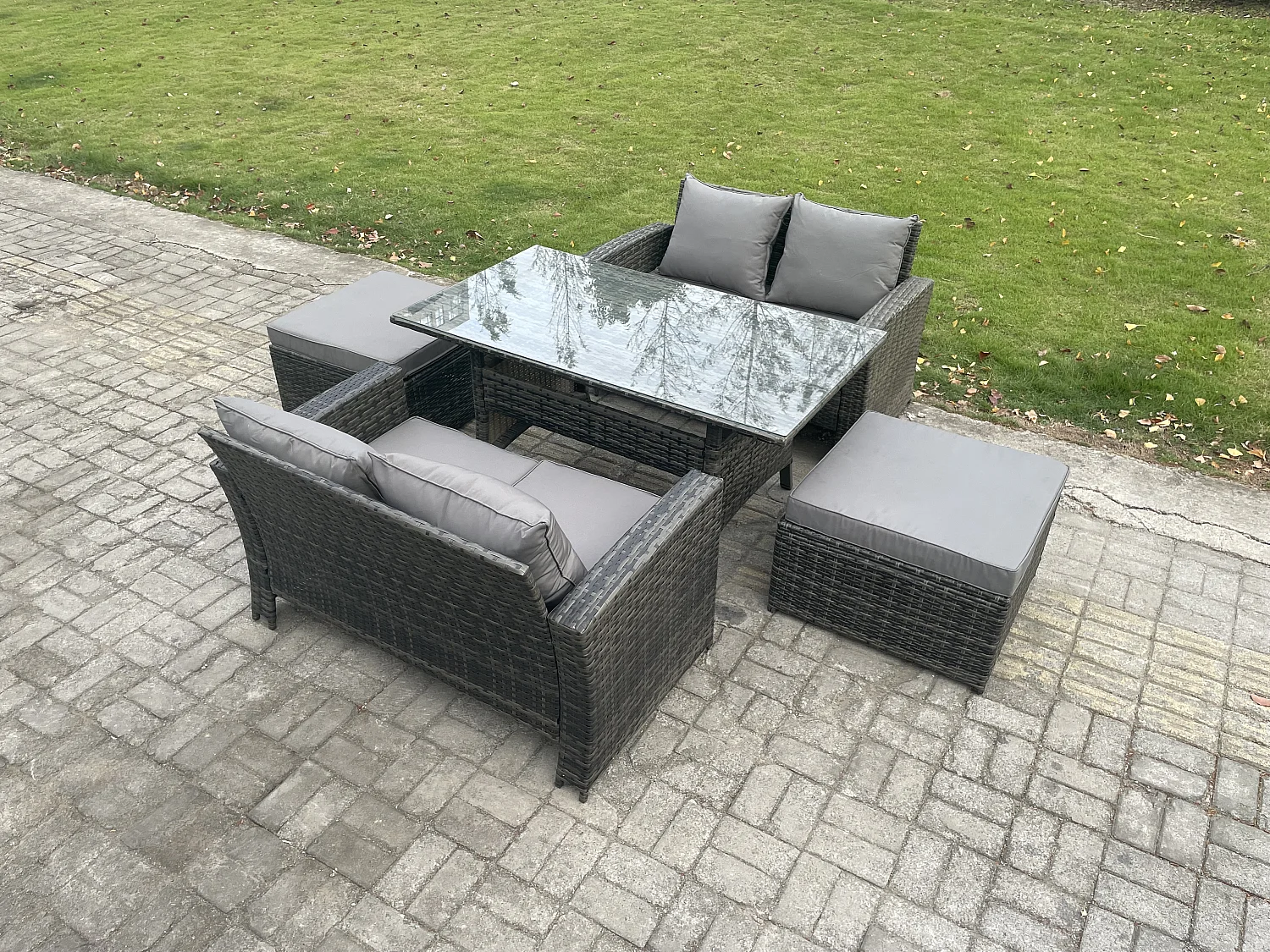 6 Sitzer Polyrattan Gartenmöbel-Set Liebe Sofa Outdoor Rechteckiger Esstisch 2 Großer Hockern Dunkelgrau gemischt