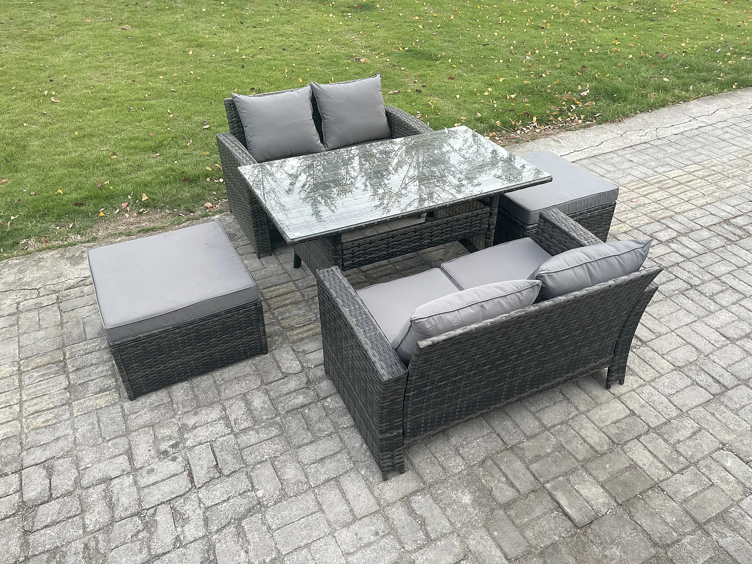 6 Sitzer Polyrattan Gartenmöbel-Set Liebe Sofa Outdoor Rechteckiger Esstisch 2 Großer Hockern Dunkelgrau gemischt