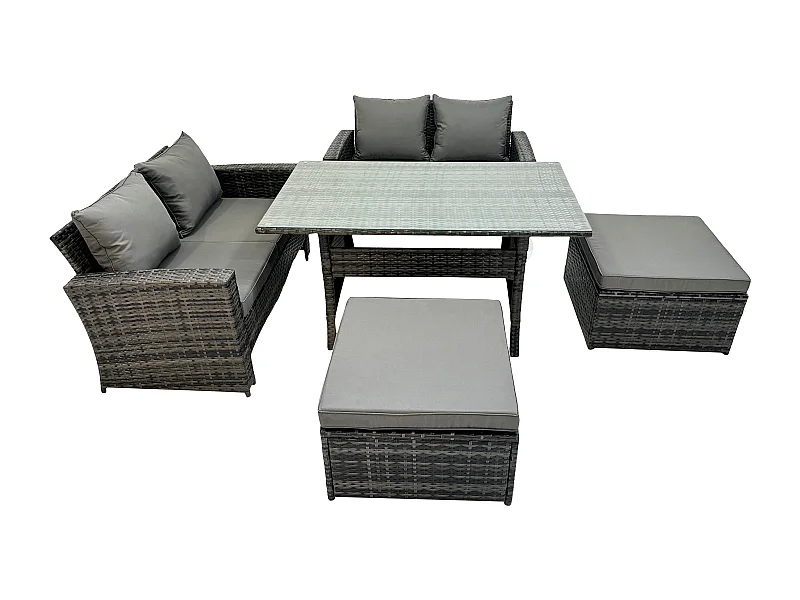 6 Sitzer Polyrattan Gartenmöbel-Set Liebe Sofa Outdoor Rechteckiger Esstisch 2 Großer Hockern Dunkelgrau gemischt