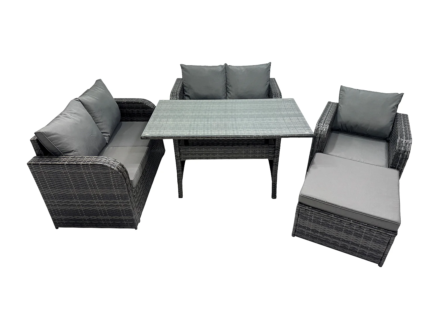 Fimous Lounge Rattan Sofa Set Outdoor Garden Furniture Oblong Rectangular Dining Table With Chairs Big Footstool Dark Grey Mixed