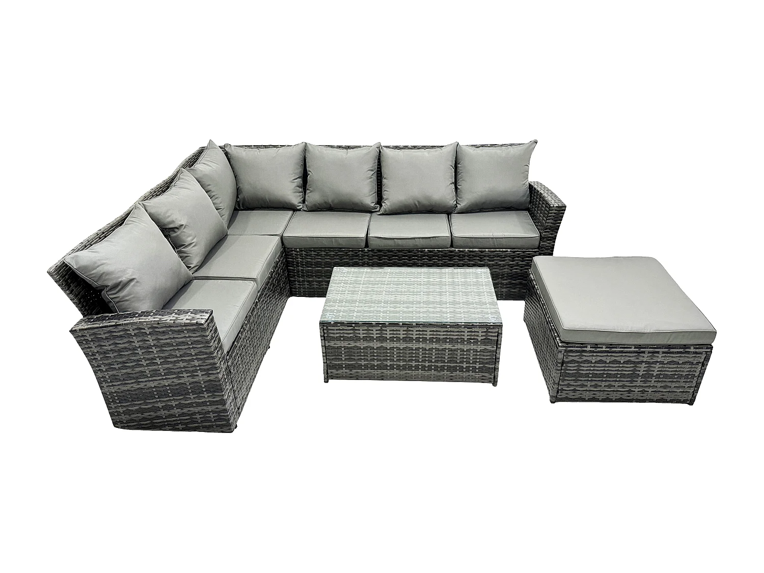 7 Sitzer Hoher Rücken Rattan Gartenmöbel-Set Ecksofa mit Länger Couchtisch Hocker