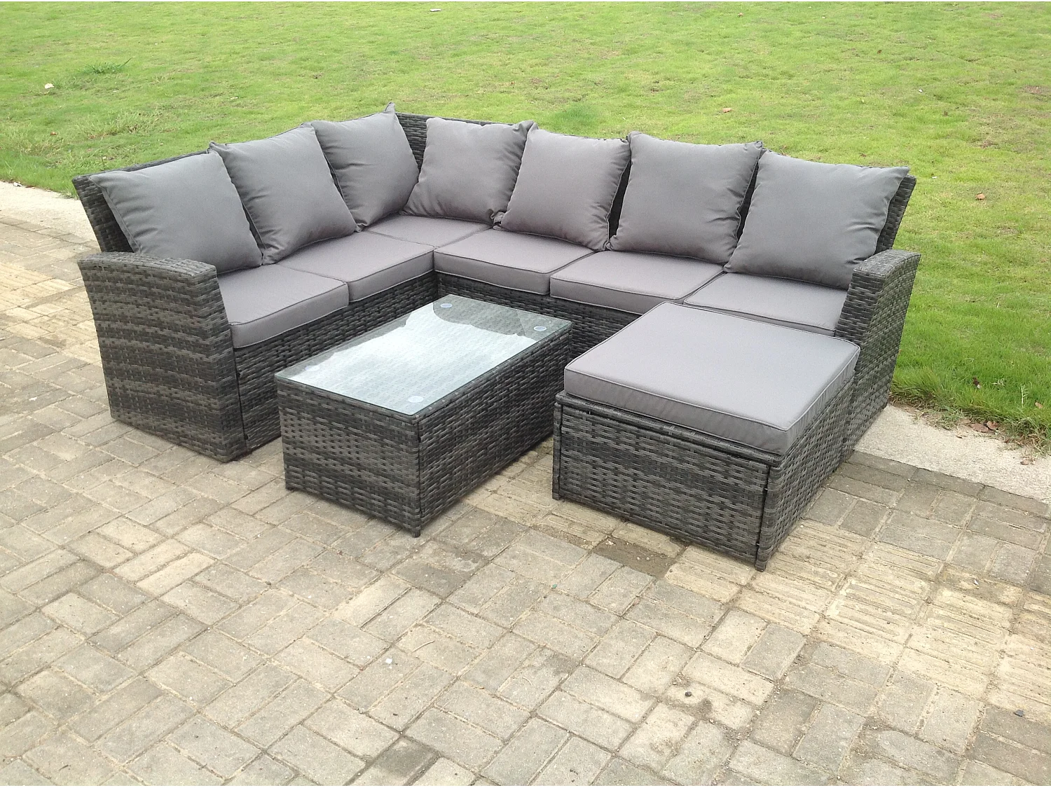 7 Sitzer Hoher Rücken Rattan Gartenmöbel-Set Ecksofa mit Länger Couchtisch Hocker