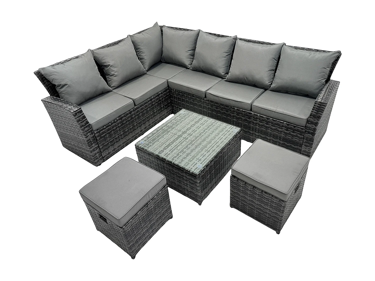 8 Sitzer Hoher Rücken Rattan Gartenmöbel-Set Ecksofa mit Quadratischer Couchtisch Hocker