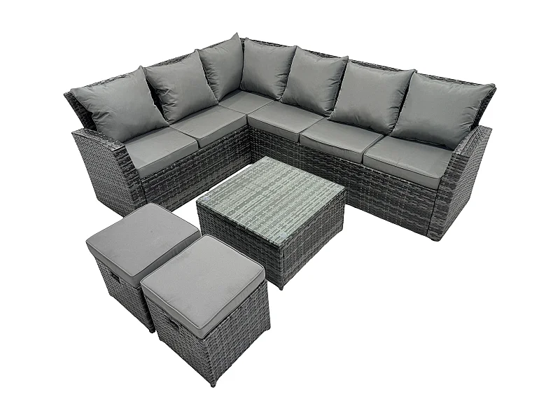 8 Sitzer Hoher Rücken Rattan Gartenmöbel-Set Ecksofa mit Quadratischer Couchtisch Hocker