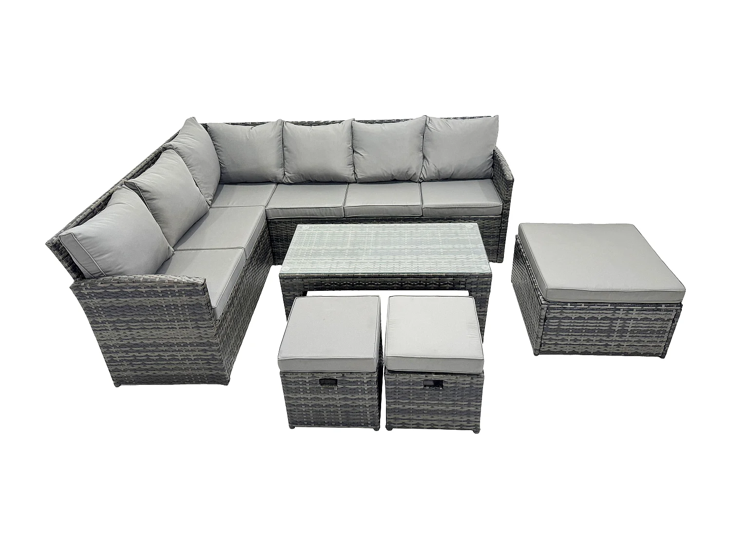 9 Sitzer Outdoor Rattan Gartenmöbel-Set Ecksofa Länger Couchtisch Sets mit Terrassen 3 Fußhockern Dunkelgrau gemischt