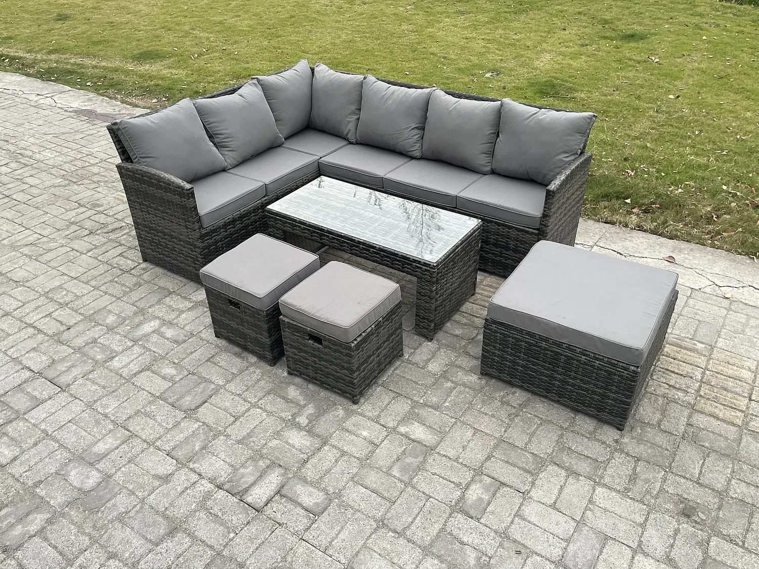 9 Sitzer Outdoor Rattan Gartenmöbel-Set Ecksofa Länger Couchtisch Sets mit Terrassen 3 Fußhockern Dunkelgrau gemischt