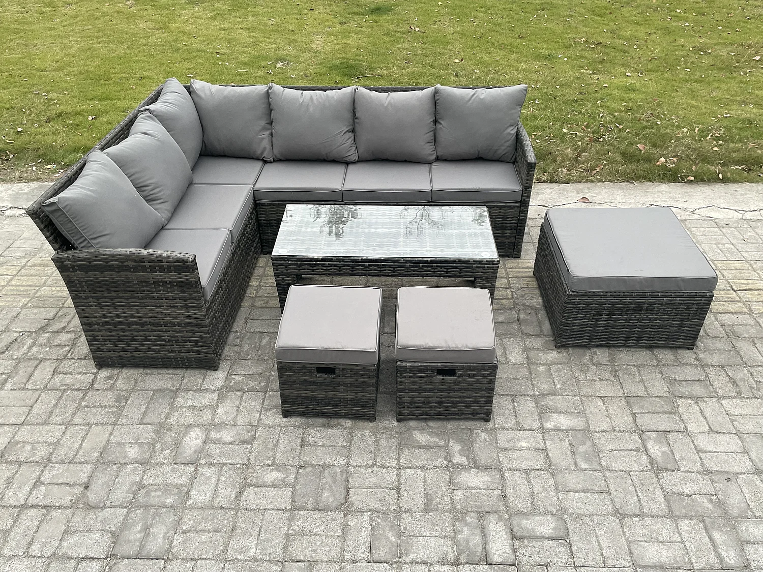 9 Sitzer Outdoor Rattan Gartenmöbel-Set Ecksofa Länger Couchtisch Sets mit Terrassen 3 Fußhockern Dunkelgrau gemischt