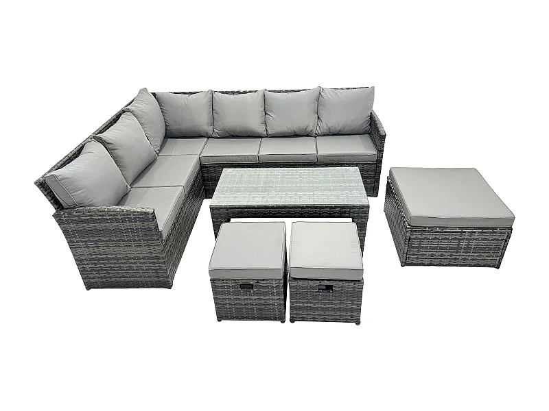 9 Sitzer Outdoor Rattan Gartenmöbel-Set Ecksofa Länger Couchtisch Sets mit Terrassen 3 Fußhockern Dunkelgrau gemischt
