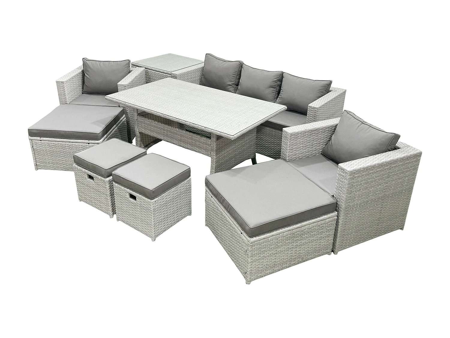 Fimous Rattan Garden Furniture Set Outdoor 9 Seater Patio Dining Sets with Glass Top Dining Table and Side Table Light Grey Mixed