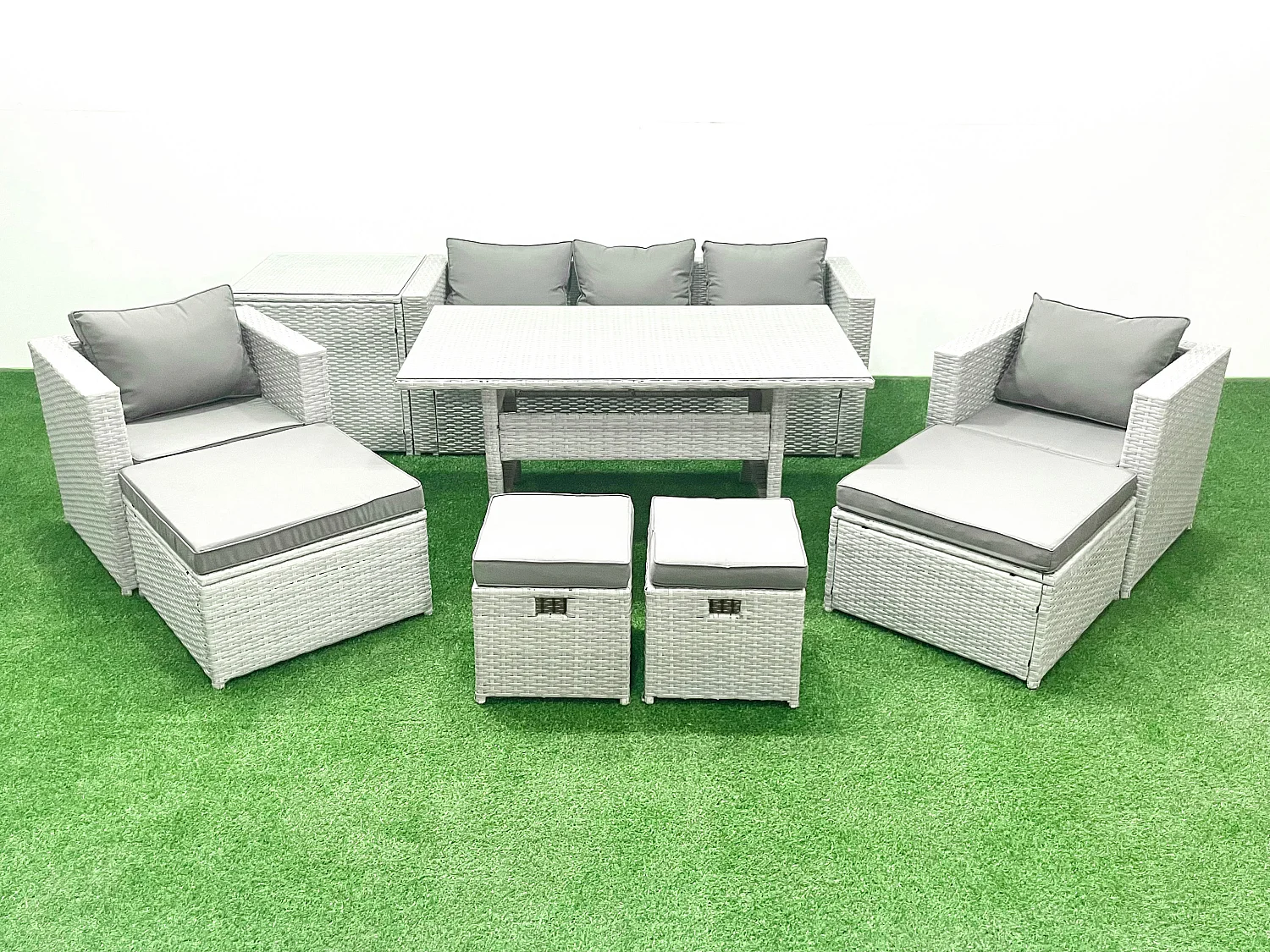 Fimous Rattan Garden Furniture Set Outdoor 9 Seater Patio Dining Sets with Glass Top Dining Table and Side Table Light Grey Mixed
