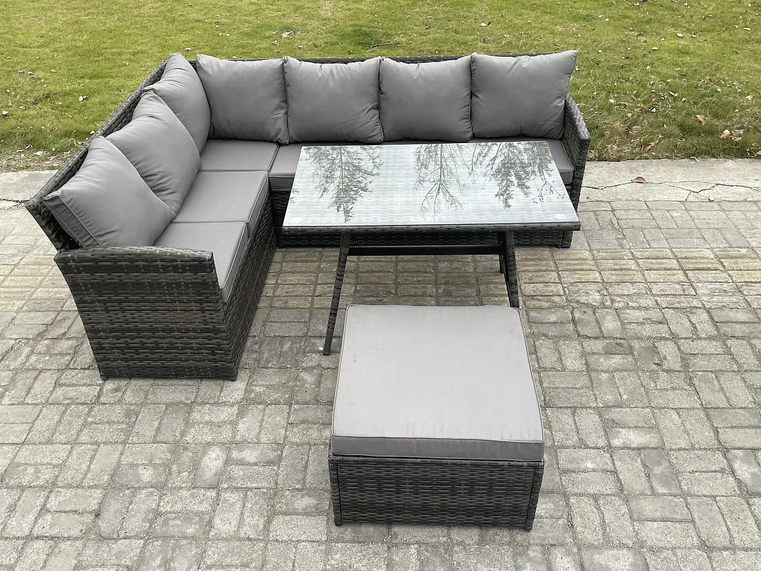 Outdoor Gartenmöbel-Set Ecksofa Set mit Länglicher Esstisch Großer Fußhocker Dunkelgrau gemischt