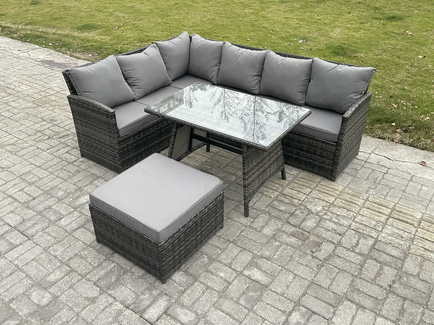 Outdoor Gartenmöbel-Set Ecksofa Set mit Länglicher Esstisch Großer Fußhocker Dunkelgrau gemischt