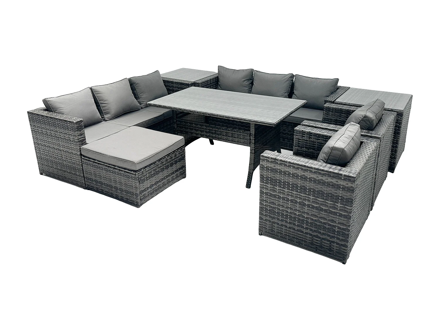 Fimous 9 Seater Outdoor Wicker Garden Furniture Rattan Lounge Sofa Set Patio Rectangular Dining Table with 2 Armchair 2 Side Table Stool Dark Grey Mixed