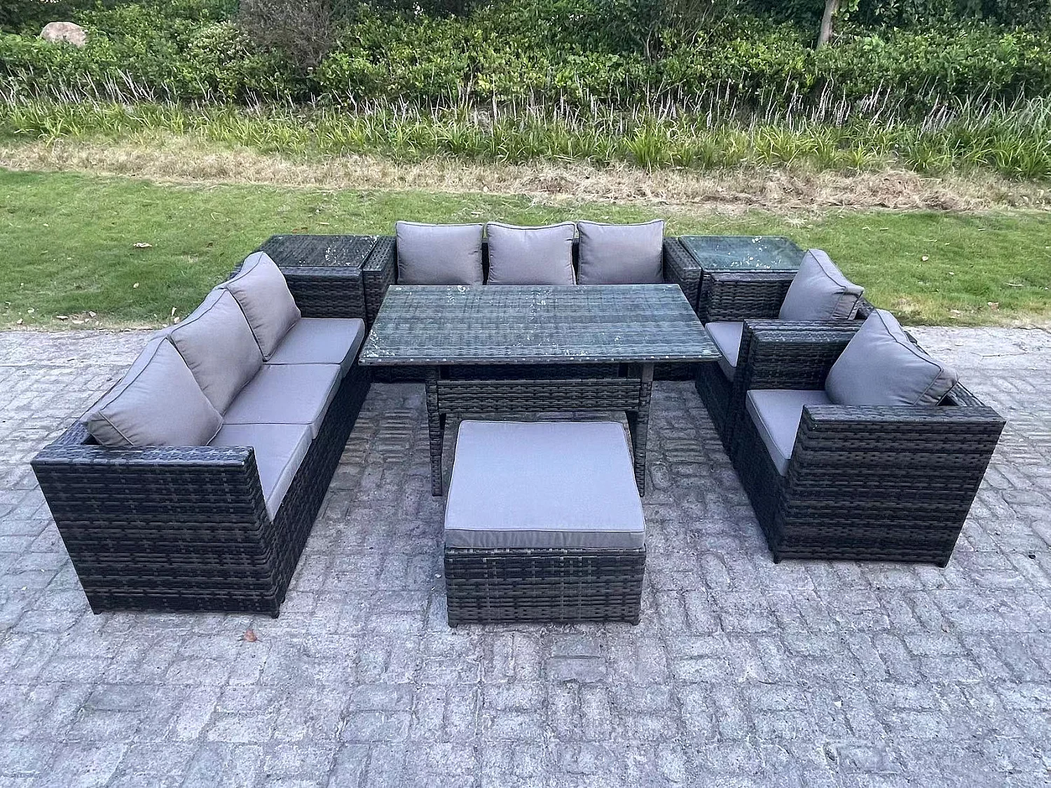 Fimous 9 Seater Outdoor Wicker Garden Furniture Rattan Lounge Sofa Set Patio Rectangular Dining Table with 2 Armchair 2 Side Table Stool Dark Grey Mixed